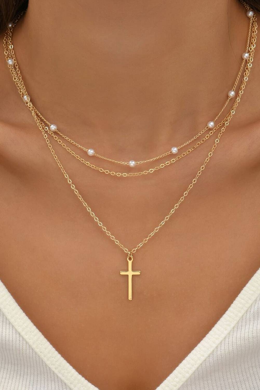 Necklace - Cross Pendant Pearl Triple Layer