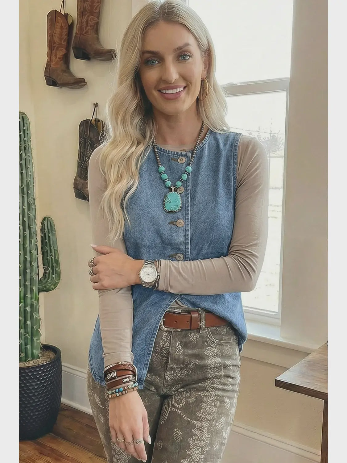 Vest - Buttoned Front Slit Denim