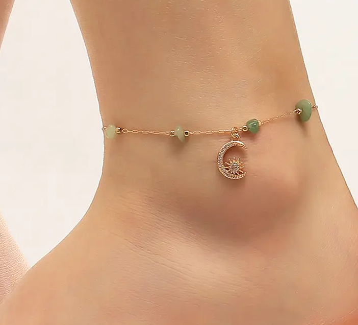 Anklet - Green Raw Stone Moon Charm