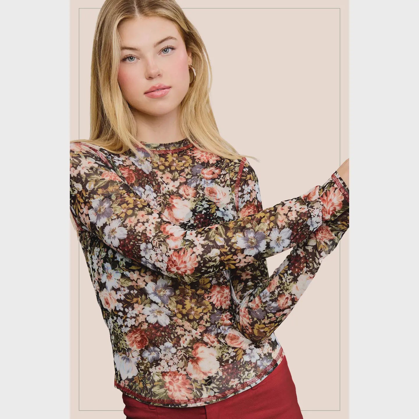 Mesh Top - Semi Sheer Crew Neck Long Sleeve Layering