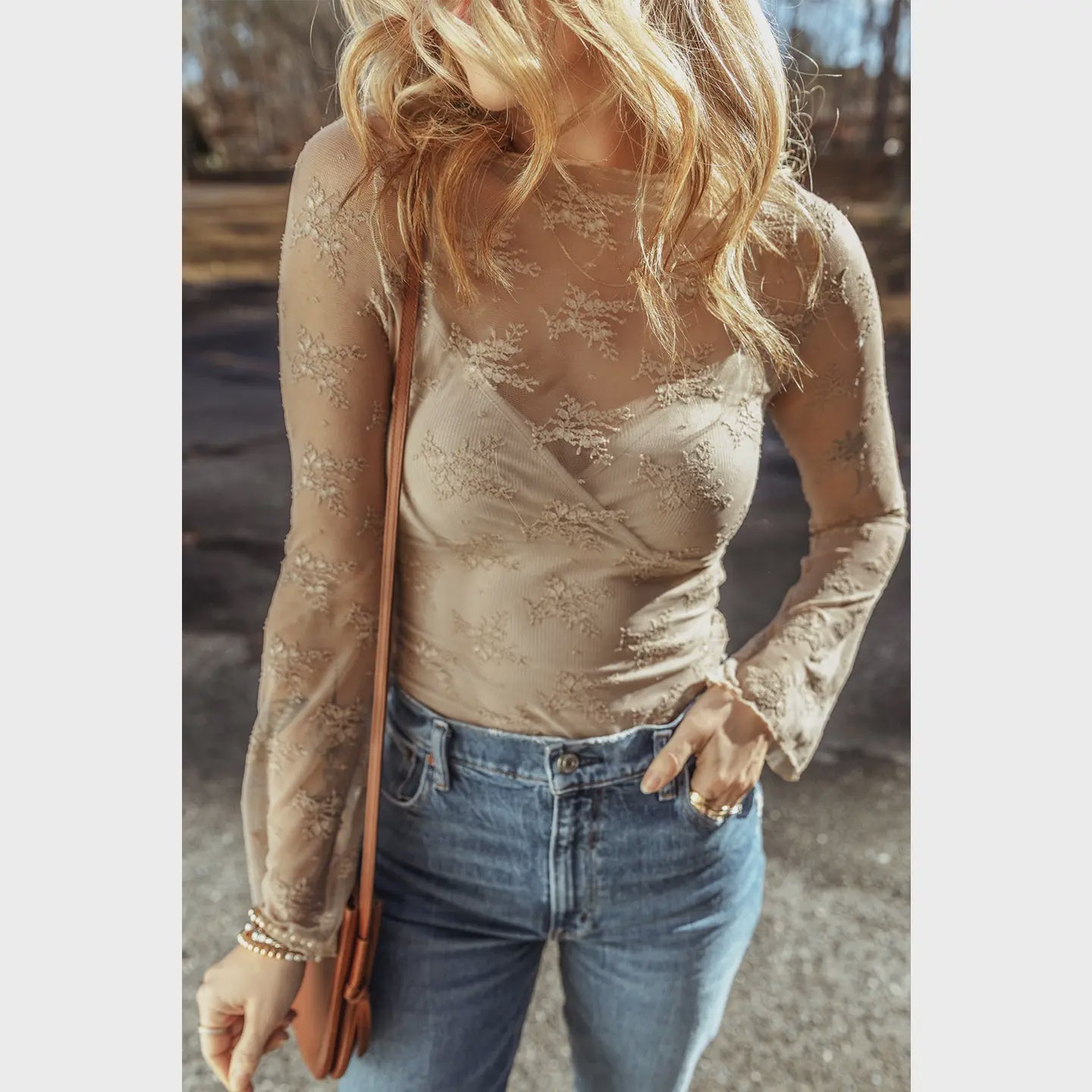 Top - Lace Crochet Splicing Slim Fit Long Sleeve