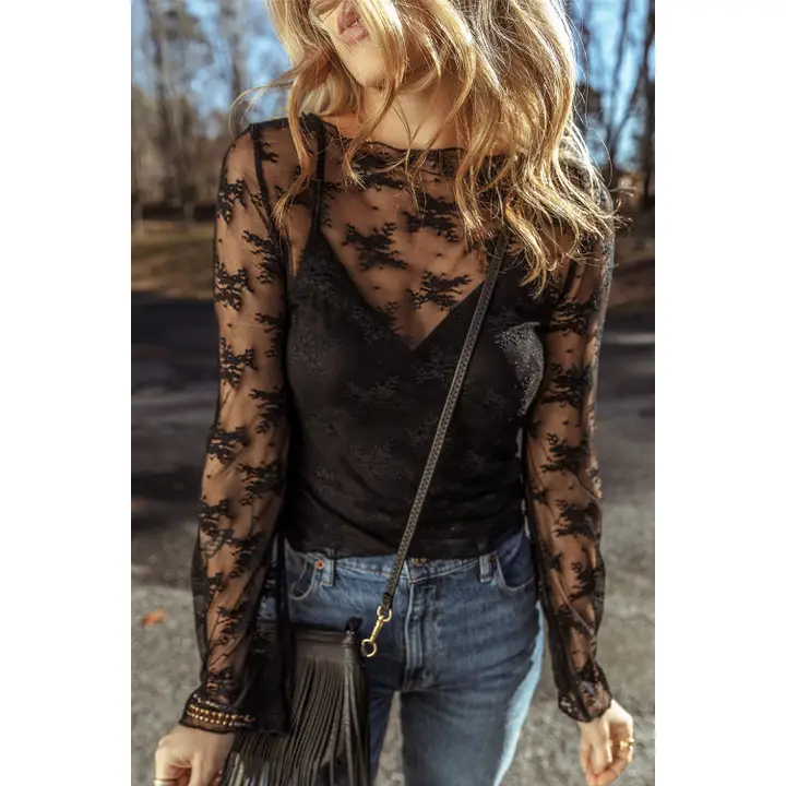 Top - Lace Crochet Splicing Slim Fit Long Sleeve
