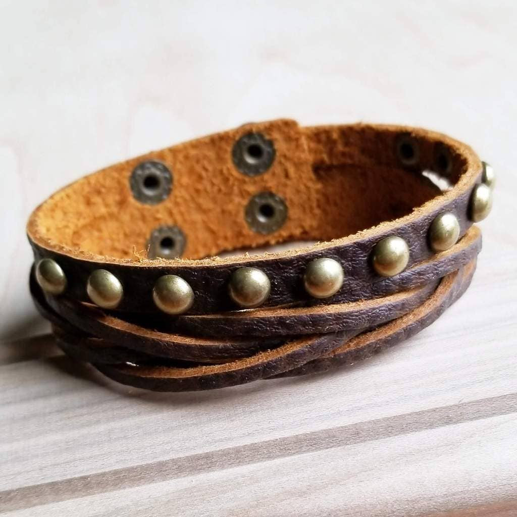 Bracelet - Multi Strand Leather Gold Studs