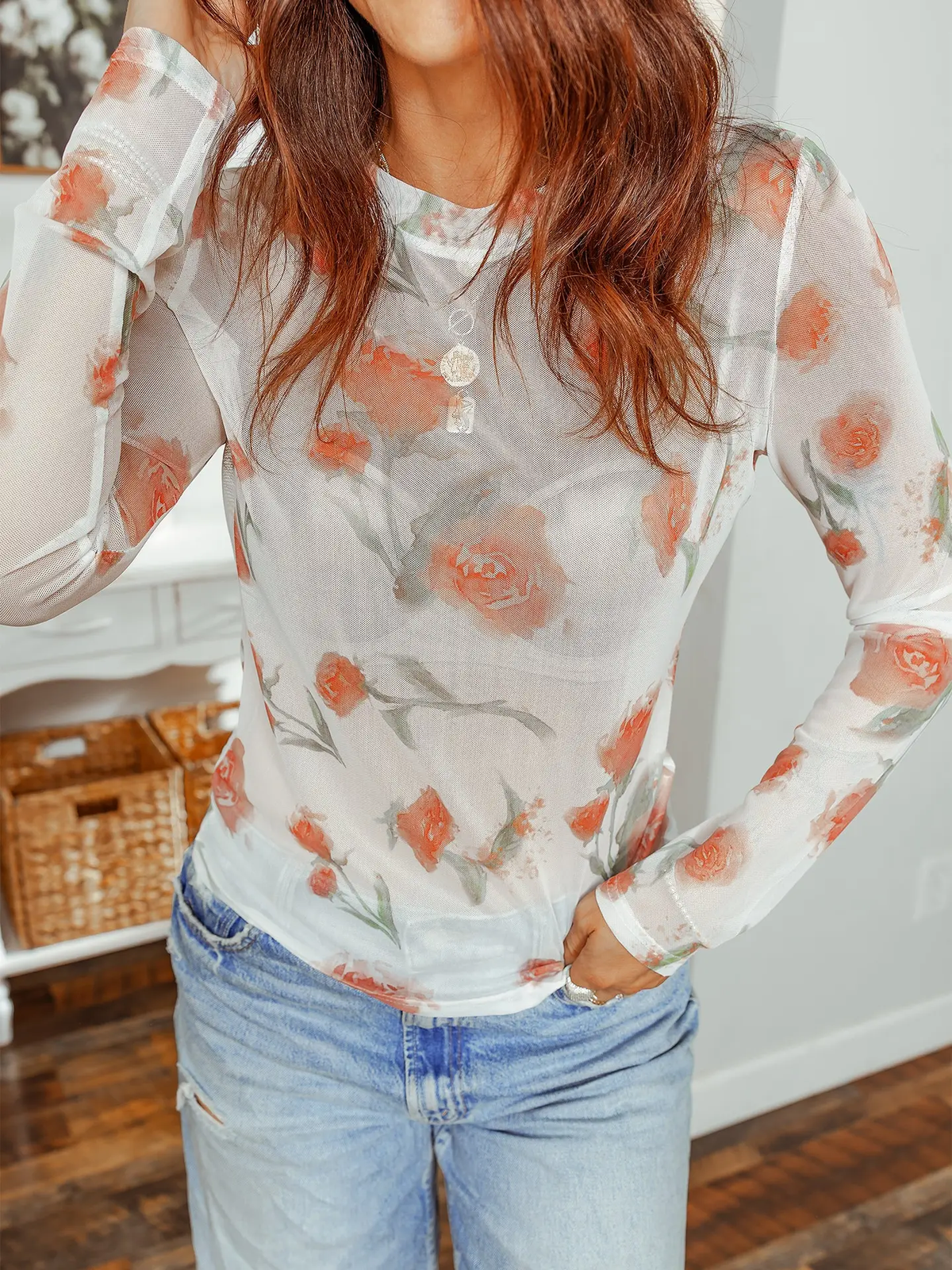 Mesh Top - Red Floral Print