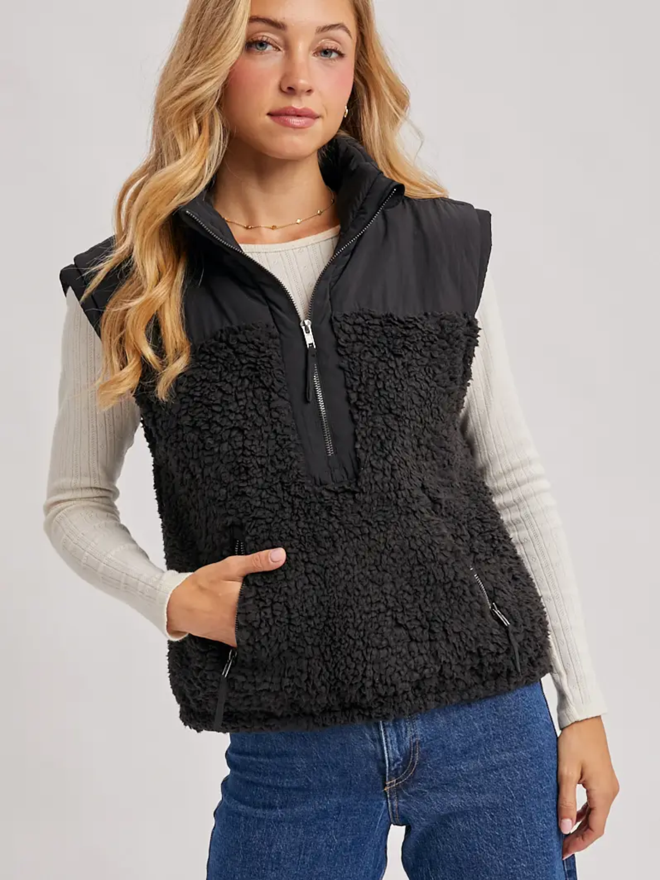 V03043 - Women's Sherpa Contrast High Stand Collar Vest - Herreid