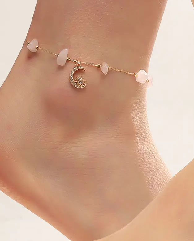 Anklet - Green Raw Stone Moon Charm
