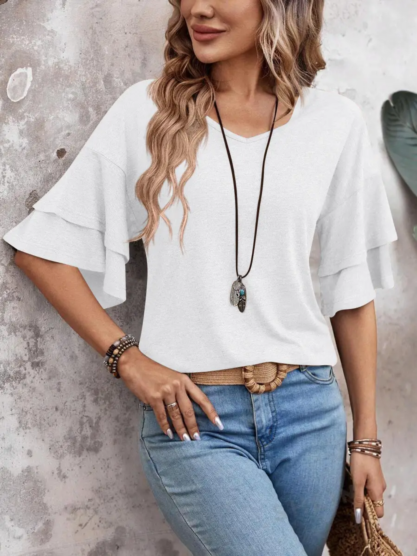 AXY5016 - V-Neck Double Layer Sleeve Loose Top - Herreid