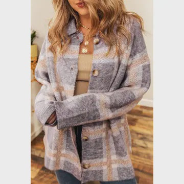 Cardigan - Fuzzy Plaid Button Up