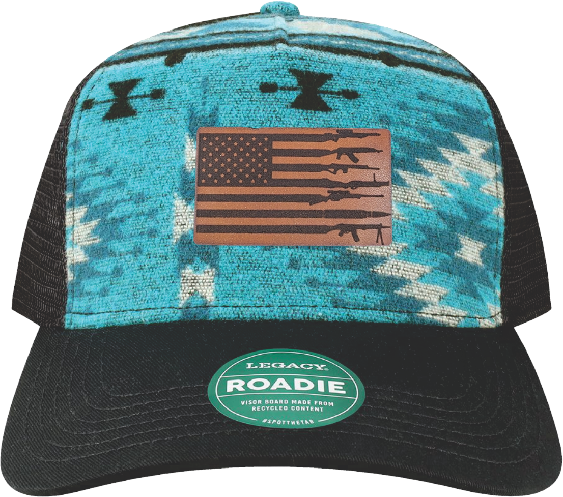 Decorated Hat - Gun Flag on Aqua Aztec Roadie