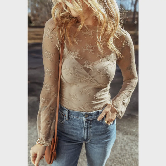 Top - Lace Crochet Splicing Slim Fit Long Sleeve