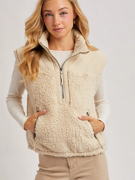 V03043 - Women's Sherpa Contrast High Stand Collar Vest - Herreid