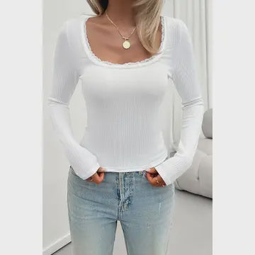 Top - White Square Neck Lace Trim Long Sleeve