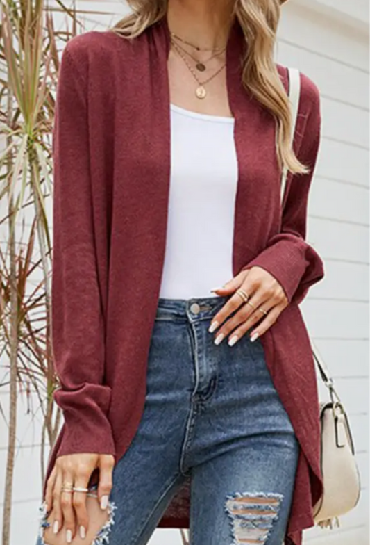 Cardigan - Wine Open Front Lightweight Knit