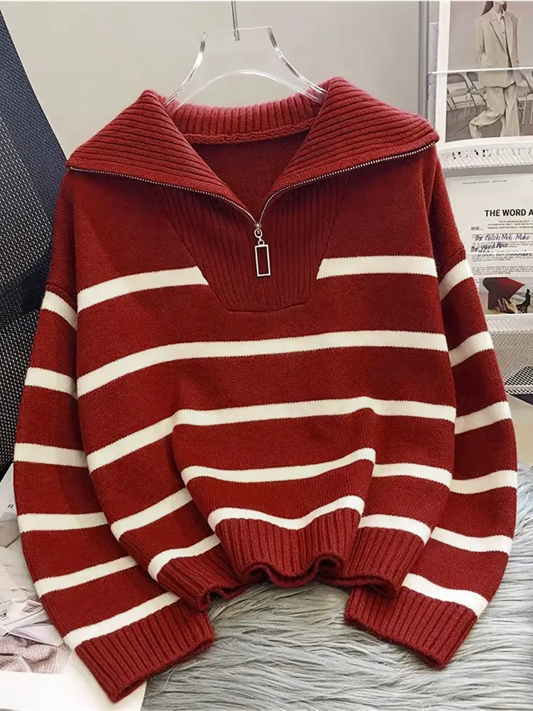 Sweater - Zip Up Pullover Red Striped